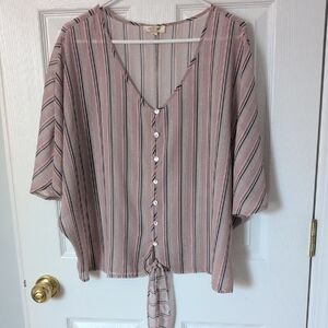 Chic & Sheer, Button-Down Striped Blouse with Tie-Front, XL